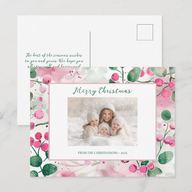 Pink Berries Floral Foto Weihnachten Postkarte (Vorne/Hinten)