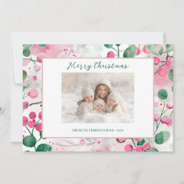 Pink Berries Floral Foto Weihnachtskarte Feiertagskarte