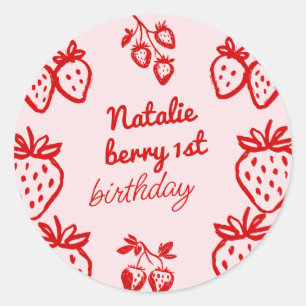 Pink Berry 1. Geburtstag handgezeichnetes Erdbeerm Runder Aufkleber
