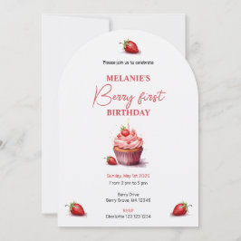 Pink Berry Erster Geburtstag Wasserfarbe Cupcake Einladung