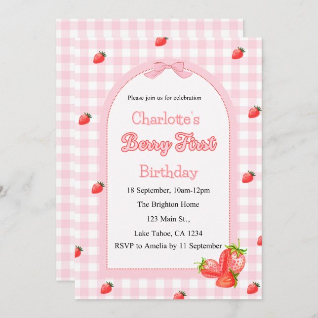 Pink Berry First Birthday Einladung (Vorne/Hinten)