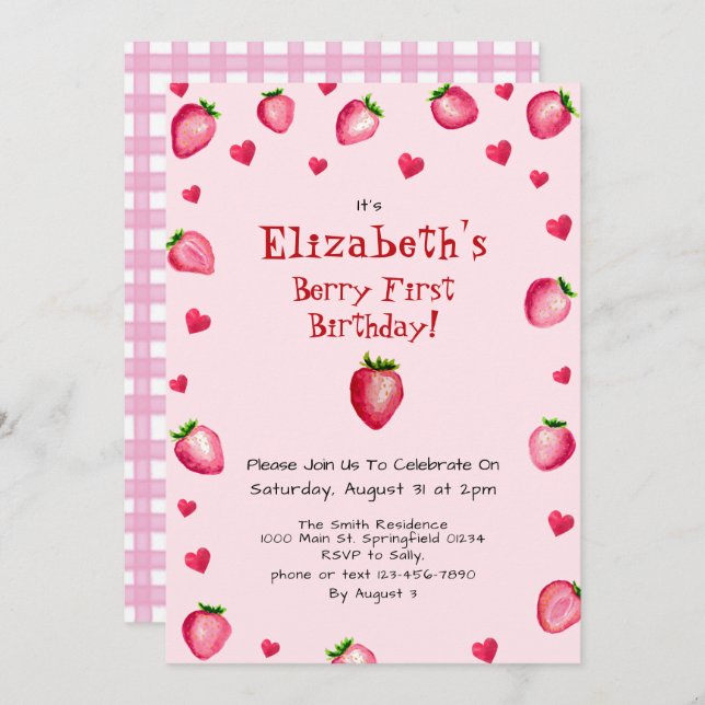 Pink Berry First Birthday Strawberry Sommer Einladung (Vorne/Hinten)