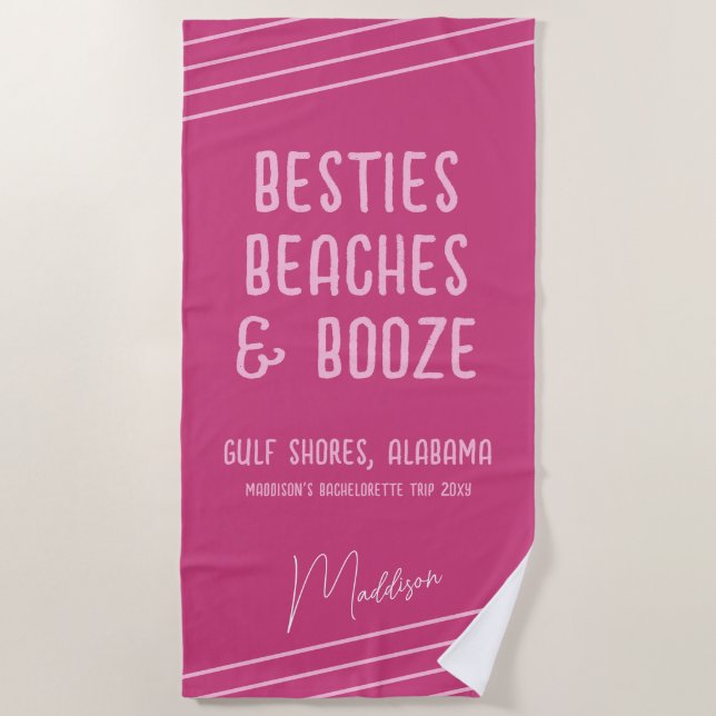 Pink Besties Beaches Booze Girls Trip Personalisie Strandtuch (Vorderseite)