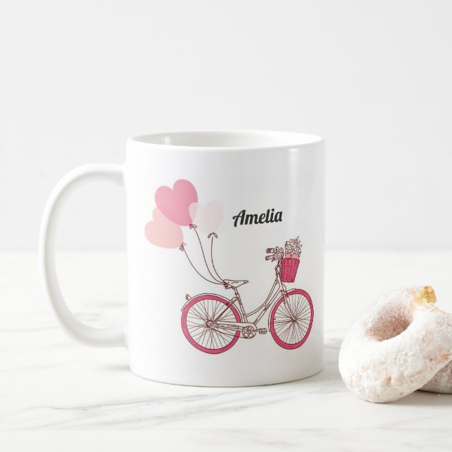 Pink Bicycle and Heart Balloons Persönliche Umarmu Tasse (Mit Donut)