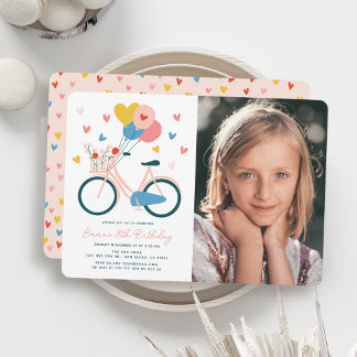 Pink Bicycle Balloons & Hearts Girl Birthday Foto Einladung