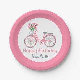 Pink Bicycle Basket Tulip Blume jedes Alter Geburt Pappteller