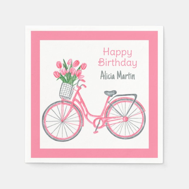 Pink Bicycle Basket Tulip Blume jedes Alter Geburt Serviette (Vorderseite)