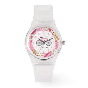 Pink Bicycle & Patchwork Muster Muster Beobachtung Armbanduhr