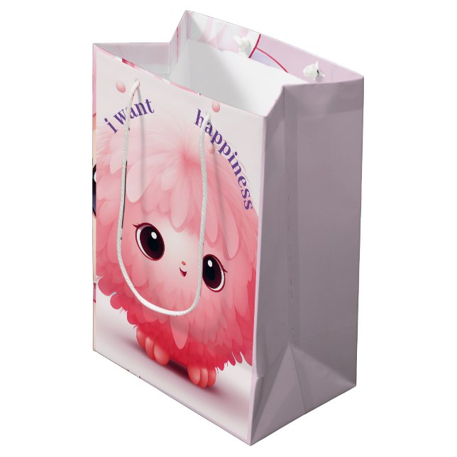 Pink Big mit Augen Furball Cartoon Charakter Mediu Mittlere Geschenktüte (Vorderseite Schrägansicht)
