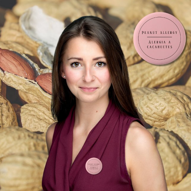 Pink Bilingual Peanut Allergin Button (Bilingual Spanish alert Peanut allergy, custom text & name. Multilingual project)