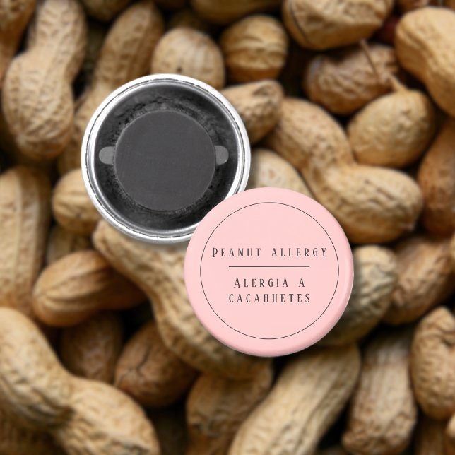 Pink Bilingual Peanut Allergin Magnet (Bilingual peanut allergy warning  magnet. Spanish personalized name & text. multlingual project)