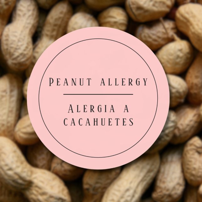 Pink Bilingual Peanut Allergin Runder Aufkleber (Pink Bilingual Peanut Allergy Alert, Spanish custom text, Multilingual Project)