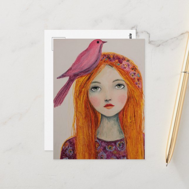 Pink Bird in her Hair Postkarte (Vorderseite/Rückseite Beispiel)