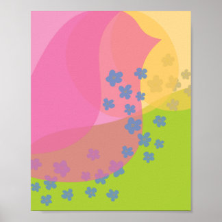 Pink Birdie Green Hill Poster Modern Abstract