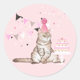 Pink Birthday Cat Party Runder Aufkleber
