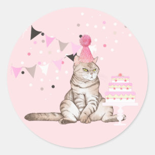 Pink Birthday Cat Party Runder Aufkleber