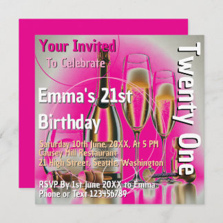 Pink Birthday Champagne Einladung 21.