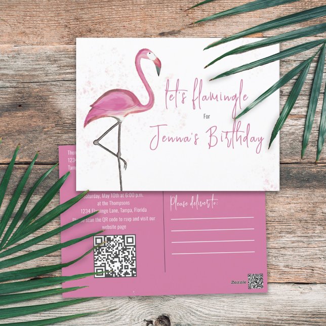 Pink Birthday Niedlich Flamingo Trendy QR Code Web Postkarte (Von Creator hochgeladen)