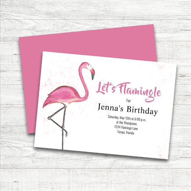 Pink Birthday Party Watercolor Flamingo Einladung (Pink Flamingo Custom Birthday Party Invitations.)