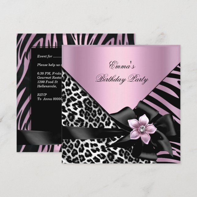 Pink Birthday Party Zebra Leopard Elegant Einladung (Vorne/Hinten)