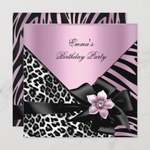 Pink Birthday Party Zebra Leopard Elegant Einladung