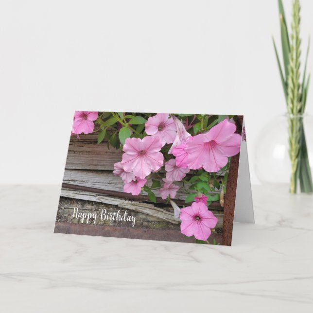 Pink Birthday Petunia on Wood Karte (Vorderseite)