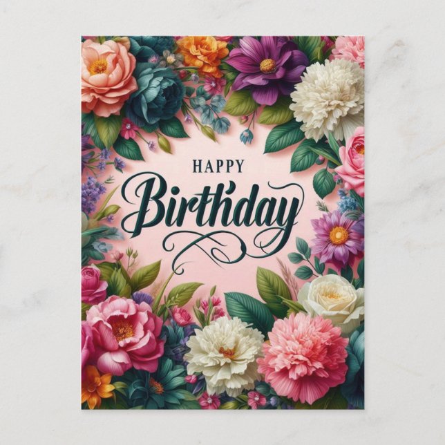 Pink Birthday Postcard: Blumendesign Postkarte (Vorderseite)