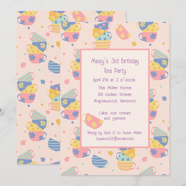 Pink Birthday Tea Party Kindererregung Einladung (Vorne/Hinten)