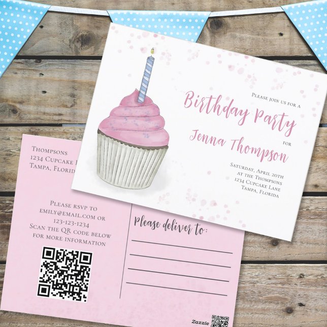 Pink Birthday Whimsical Niedlich Cupcake QR Code Postkarte (Von Creator hochgeladen)