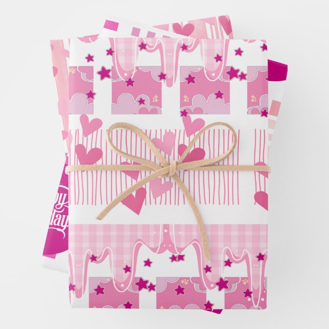 Pink Birthday Wrapping Paper Flat Sheet Set of 3 Geschenkpapier Set (Beispiel)