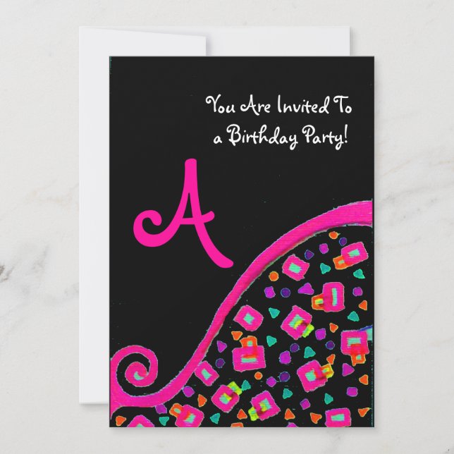 PINK BLACK ABSTRAKT DEKO BIRTHDAY PARTY MONOGRAM EINLADUNG (Vorderseite)