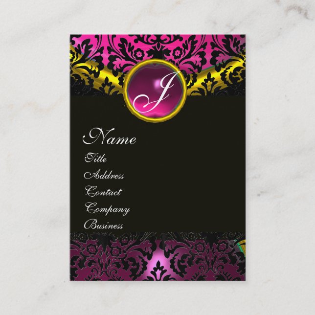 PINK BLACK AMETHYST DAMASK MONOGRAMM, Fuchsia Gold Visitenkarte (Vorderseite)
