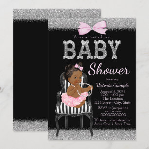 Pink Black and Silver Ethnic Girl Baby Dusche Einladung