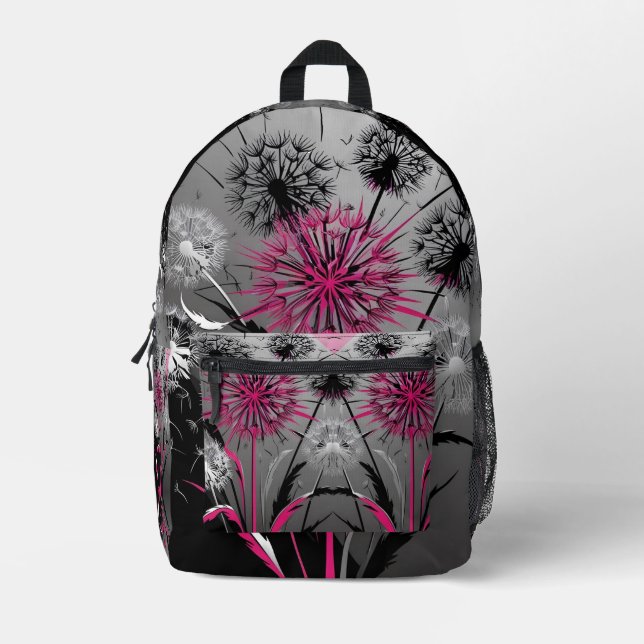 Pink Black and White Dandelions Print Cut Sew Bag Bedruckter Rucksack (Vorderseite)