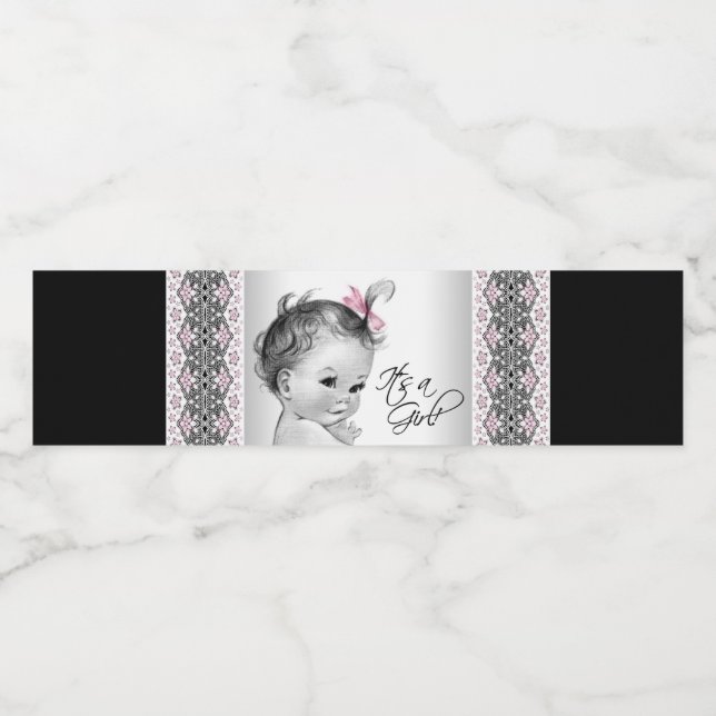 Pink Black Baby Girl Water Flasche Labels Wasserflaschenetikett (Einzelnes Label)
