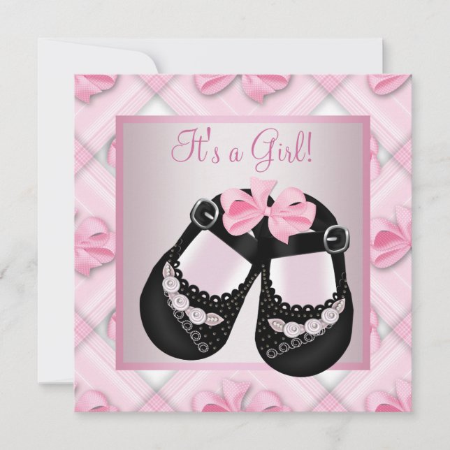 Pink Black Baby Shoes Pink Black Baby Girl Dusche Einladung (Vorderseite)