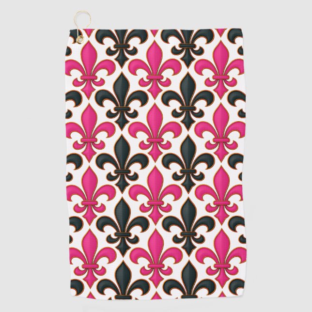 Pink Black Baroque Fleur-de-lis Pattern Design  Golfhandtuch (Vorderseite)