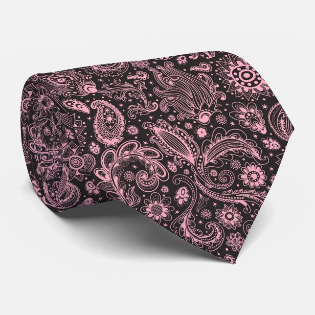 Pink black batik boho style floral paisley pattern krawatte (Gerollt)