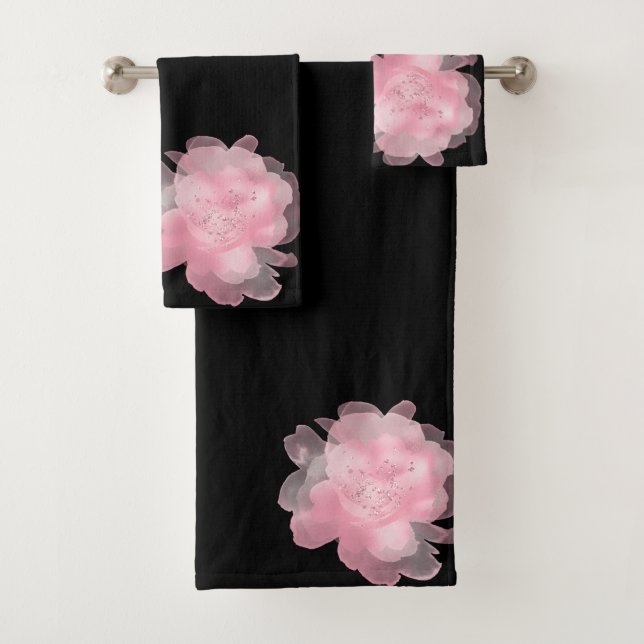 PINK BLACK BLLORAL BLORAL BLOOM BADEZIMMER TOWEL S BADHANDTUCH SET (Insitu)