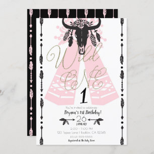 Pink & Black Boho Chic Wild ONE 1. Geburtstag Part Einladung