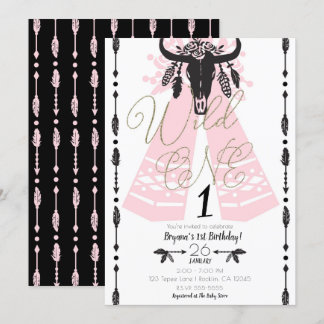 Pink & Black Boho Chic Wild ONE 1. Geburtstag Part Einladung