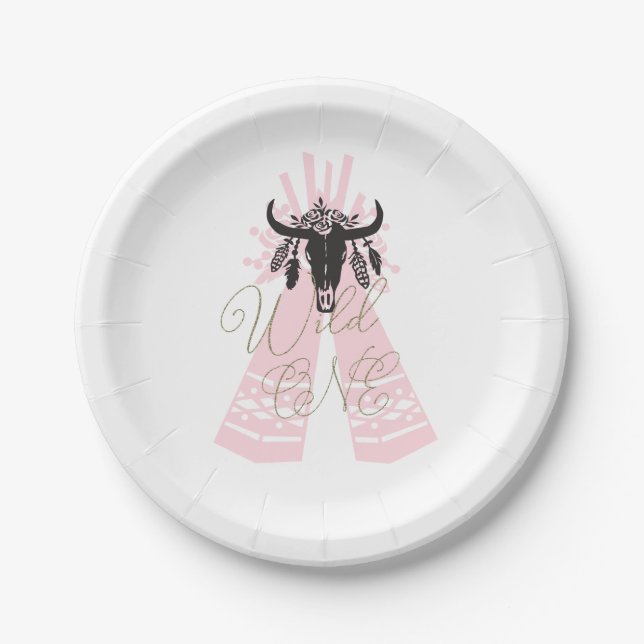 Pink & Black Boho Chic Wild ONE 1. Geburtstag Part Pappteller (Vorderseite)