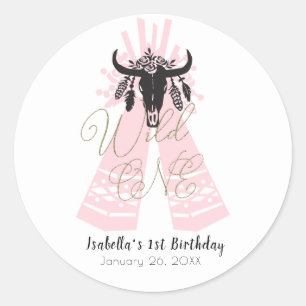 Pink & Black Boho Wild ONE Mädchen-Geburtstagsfeie Runder Aufkleber