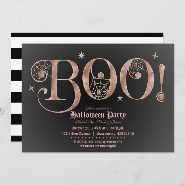 Pink & Black BOO Elegantes Halloween Party Einladung (Vorne/Hinten)