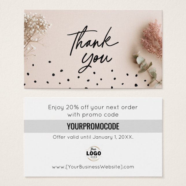 Pink Black Botanical Thank You Discount Cards (Vorne & Hinten)