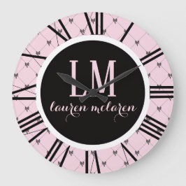 Pink & Black Bow Monogram Große Wanduhr