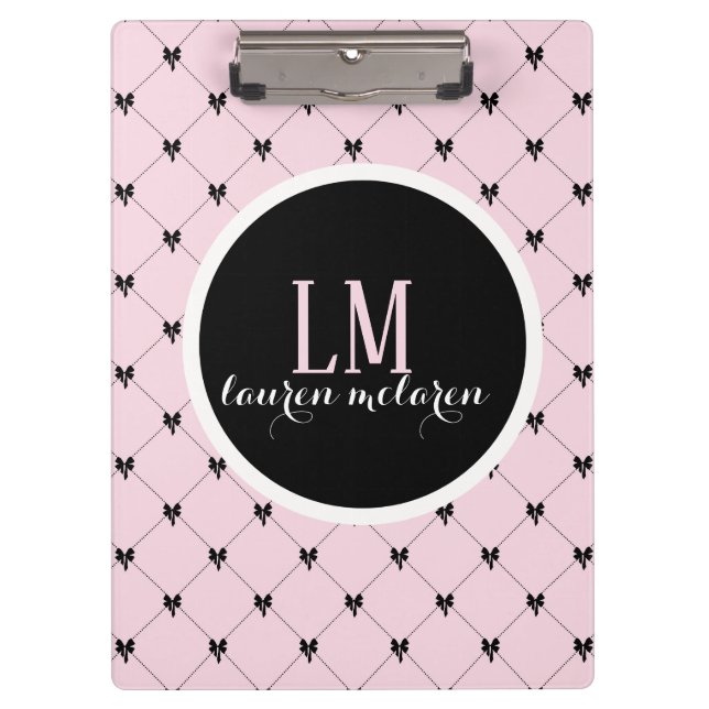 Pink & Black Bow Monogram Notebook Klemmbrett (Vorderseite)