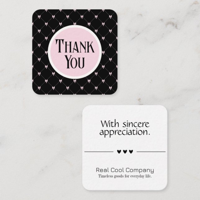 Pink & Black Bow Monogram Thank You Card Begleitkarte (Vorne/Hinten)