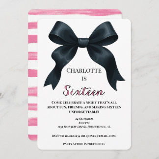Pink Black Bow Sweet 16 Bday Einladung - Download