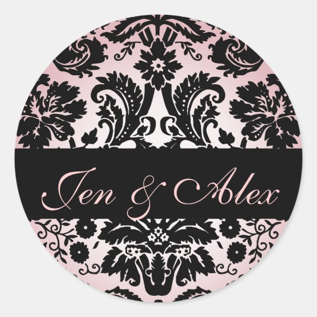 Pink Black Bride Groom Damask Hochzeitssemble Sieg Runder Aufkleber (Vorderseite)